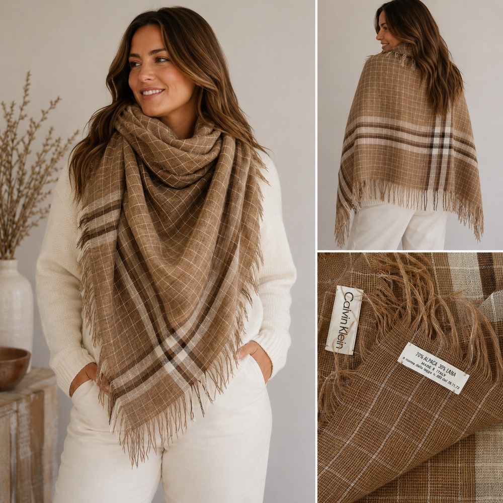 Calvin Klein Alpaca Wool Plaid Square Scarf Shawl Made in Italy Brown 54x54